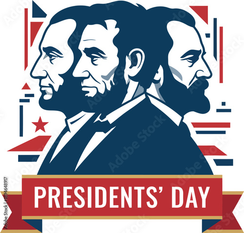 Abraham lincoln presidents day tribute illustration with three profiles and patriotic banner