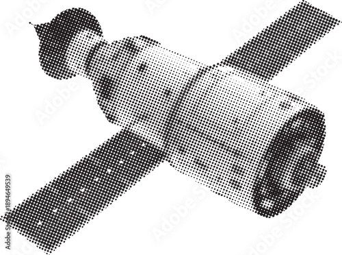 Halftone satellite illustration in black and white with detailed space technology styling. Retro dot pattern creates a scientific and editorial look. Ideal for aerospace, astronomy, and futuristic des
