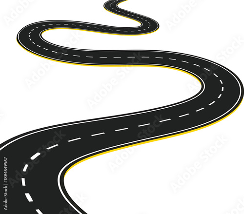 Winding asphalt road illustration showing a long and unpredictable journey ahead, symbolizing future challenges and opportunities