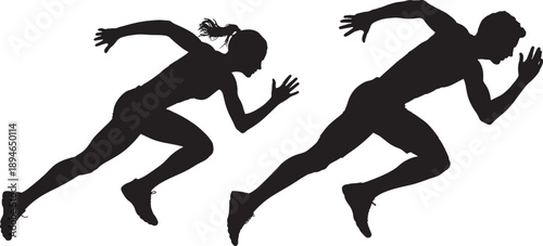 Silhouettes of two athletes running a woman and a man in a dynamic pose - running, track, athletes, silhouette, sports, competition, exercise, fitness, movement, speed, race, action, people, 