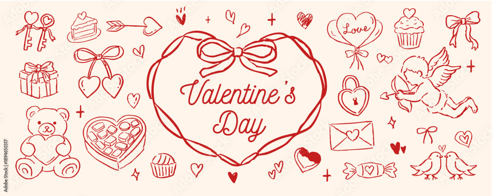 Naklejka premium 手描き風バレンタインデーモチーフ素材セット