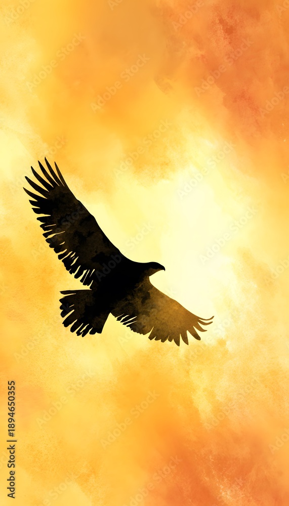 Fototapeta premium Majestic eagle soars against a vibrant sunset sky watercolor illustration evokes freedom and power