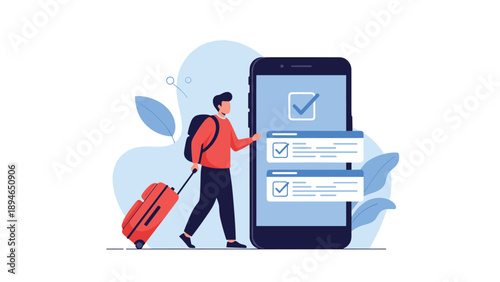 Traveler carrying a suitcase uses a large smartphone screen to complete an online check-in process for a flight or hotel.