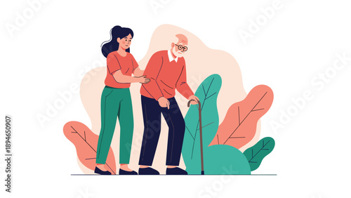 Young female caregiver supports an elderly man with a walking cane to provide assistance and care in an outdoor setting.