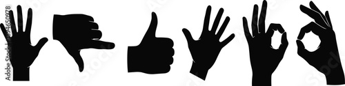 Set of black hand gesture silhouettes showing thumbs up okay sign and palm signals for communication body language and social feedback concepts.