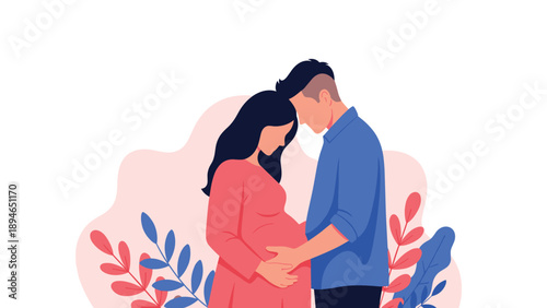 Loving husband touches the belly of his pregnant wife in a tender moment of connection to celebrate their future child.