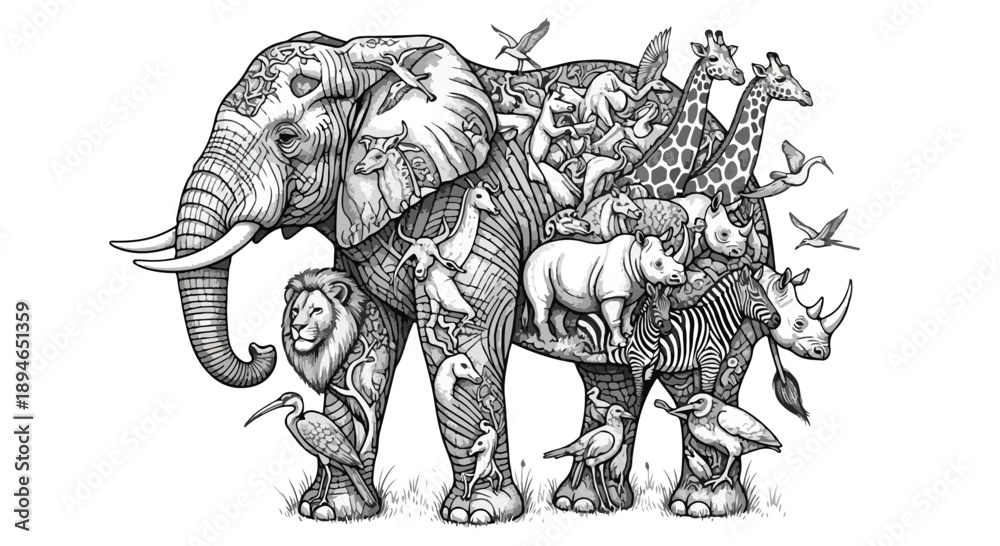 Obraz premium Elephant silhouette composed of multiple animals