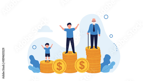 Three different generations of men standing on growing stacks of gold coins representing wealth accumulation over time.