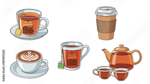 Diverse collection of hot beverages including tea bags in cups, a pot of tea, coffee in a mug, and a takeaway cup.