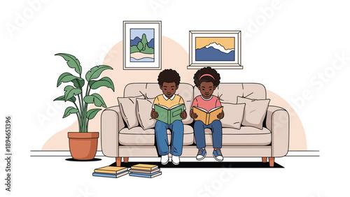 Two young African American children sitting together on a comfortable sofa in a living room while reading books.