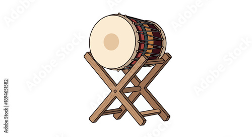 Striking vector illustration of a traditional drum (Dhol) on a wooden stand. Ideal graphic element for celebrating cultural events, Islamic holidays, festivals, music, and Ramadan themes.