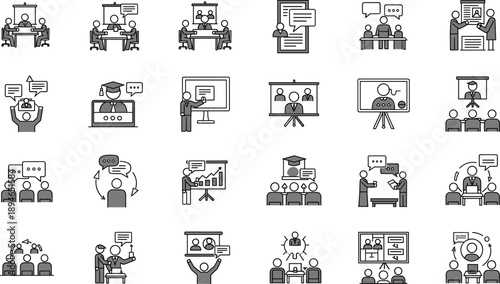 Business Meeting and Presentation Icon Set Featuring Team Discussions, Video Conferences, Training Sessions, Workshops, Reporting, and Professional Corporate Communication Concepts.