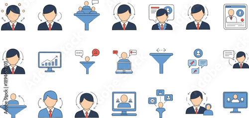 Customer Support and Communication Icon Set Featuring Help Desk Agents, Call Center Service, Data Filtering, Analytics, Online Assistance, and Professional Customer Care Concepts.