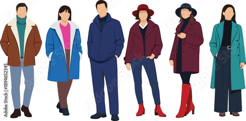 Flat vector illustration of stylish young adults in winter outfits, diverse modern people standing together, casual fashion lifestyle characters