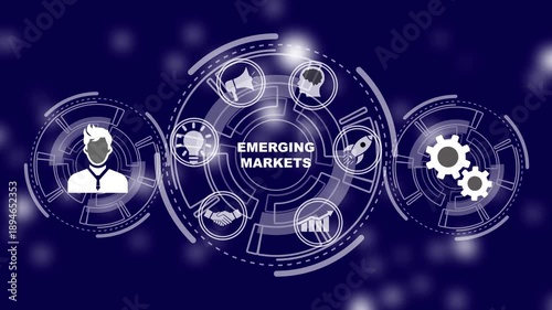 Virtual screen of the future and sees the inscription: Emerging markets Concept. Business, Technology, Internet and network concept. Digital technology background.