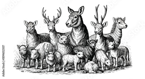 Group of deer and mountain goats sketch