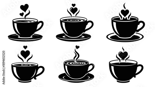 set of stylized coffee cups with steam forming hearts symbolizing love and affection for hot beverages like coffee and tea vector