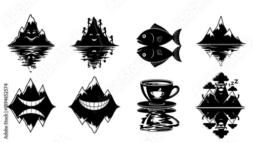 Collection of funny and stylized mountain peak icons reflecting in water with various character designs