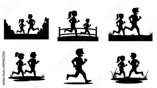 Families and couples running together outdoors, depicted in silhouette style with bridges, trees, and grass for active leisure and togetherness