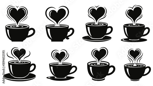 Set of eight black coffee cups with steam forming heart shapes representing love and warmth concept isolated on white background
