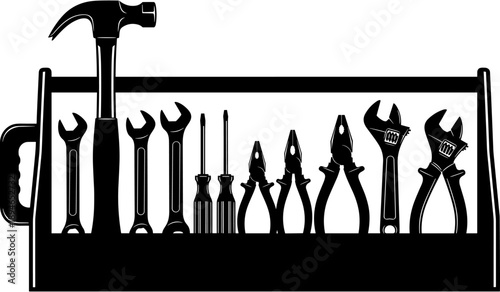 Professional black and white toolbox silhouette with hammer, wrenches, screwdrivers, and pliers for construction, repair, and maintenance industry icon.