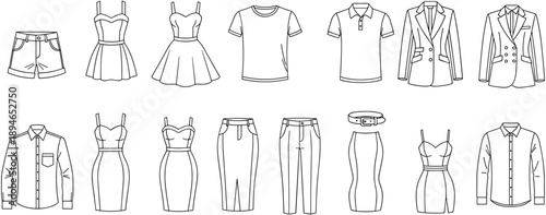 Collection of fashion apparel line icons featuring dresses, shirts, trousers, and suits for clothing store retail branding and garment design.