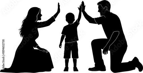 Black silhouette of happy family with mother father and son giving high five gesture for success unity support and love.