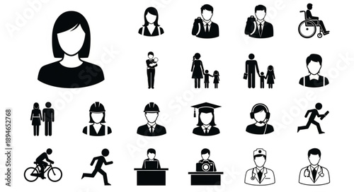 Collection of diverse human silhouette icons representing various professions and activities.
