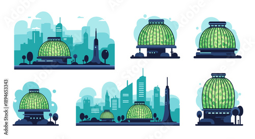 A collection of futuristic cityscape illustrations featuring modern buildings and innovative green domes, symbolizing urban sustainability and ecological design.