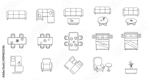 Collection of architectural floor plan symbols for furniture and rooms.