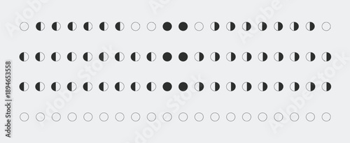 Photos Geometric circle pattern dividers in black and white, including dot lines and moon phase symbols, ideal for user interface design, digital graphics, website decoration, and vector illustration use