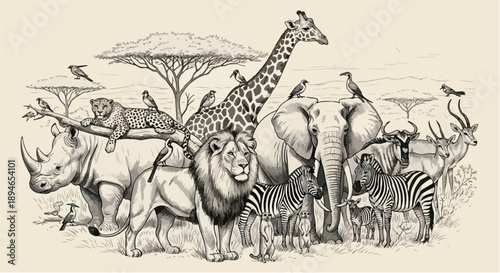 African wildlife safari landscape with savanna animals