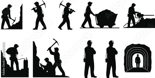 Miners working silhouette illustration set, underground mining workers industrial labor extraction safety vector collection