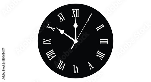 A stark black clock face displays ten minutes past ten featuring roman numerals and a striking silhouette