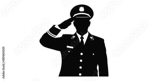 A stark black silhouette depicts a uniformed military officer giving a respectful salute honoring duty and service silhouette