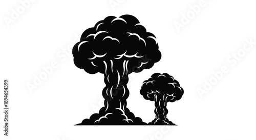 A striking black illustration depicts two trees with dense foliage showcasing an artistic silhouette high quality professional detailed