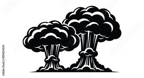 Two stylized mushroom clouds rise dramatically against a stark white background presented as a bold silhouette high quality