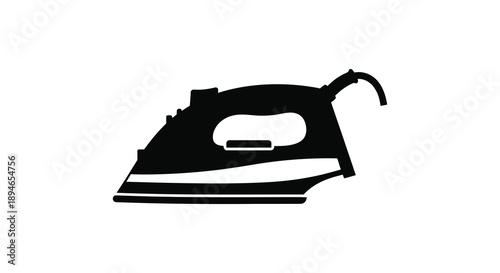 A stark black silhouette of a modern household iron depicted against a plain white background silhouette high quality
