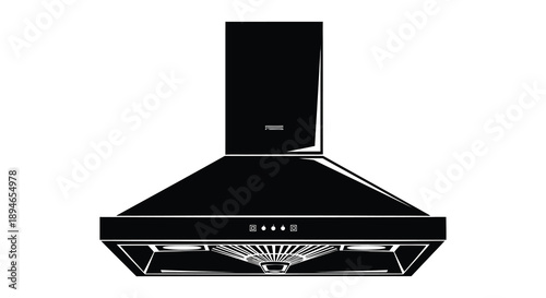 A sleek modern kitchen range hood depicted as a bold black shape against a white background silhouette