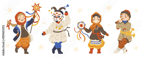 Funny characters in traditional Russian carnival costumes. Celebration of the seasonal folk holiday Maslenitsa. Shrovetide festivities.