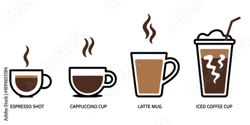 Coffee drink icon set in stylized vector featuring espresso, cappuccino, latte and iced coffee illustrations