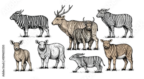 Diverse herd of savanna and forest animals walking