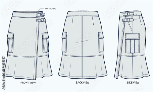 Technical fashion illustration cargo skirt front back side views with pocket details topstitching womenswear apparel flat sketch vector