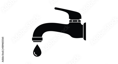 A simple black silhouette depicts a modern faucet with a single water droplet falling a clean design silhouette