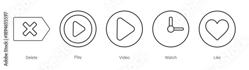 Set of 5 Media and Action Icons – Delete, Play, Video, Watch and Like Symbols for UI, App, Web, Multimedia and Digital Marketing Design.