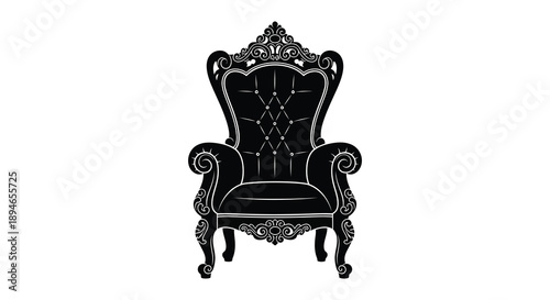 An ornate vintage throne chair is prominently displayed exhibiting detailed carvings and a regal aesthetic silhouette