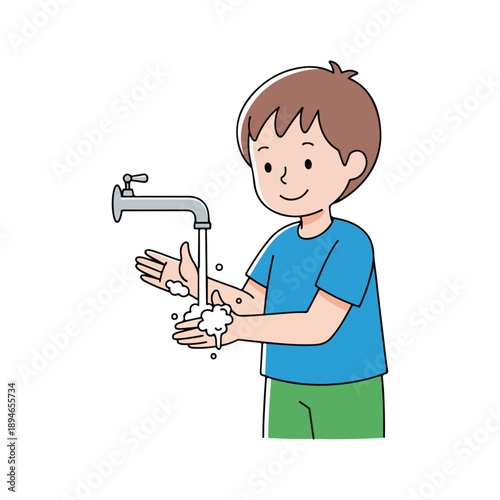 Boy Washing Hands Under Faucet Soap Hygiene Illustration