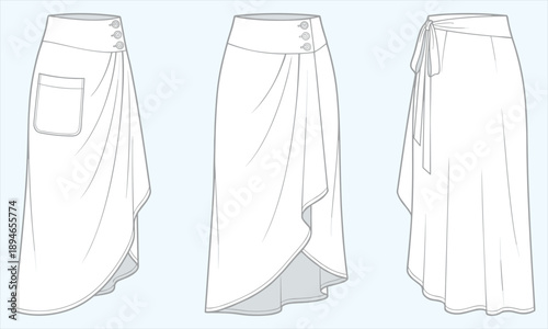 Technical fashion illustration wrap skirt front side back views with draped design womenswear apparel flat sketch vector garment