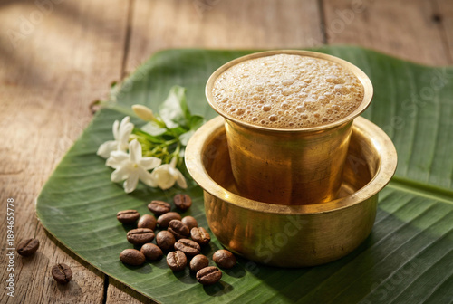 Traditional South Indian Filter Coffee in a brass tumbler with foam, served on a banana leaf with jasmine