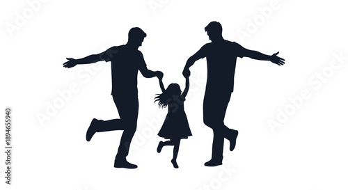 A joyful family of three a father mother and child are captured in a dynamic pose a striking silhouette